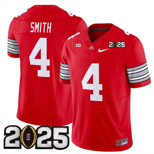 Mens Ohio State Buckeyes #4 Jeremiah Smith Red 2025 CFP Final Patch F.U.S.E. Vapor Limited Stitched Football Jersey